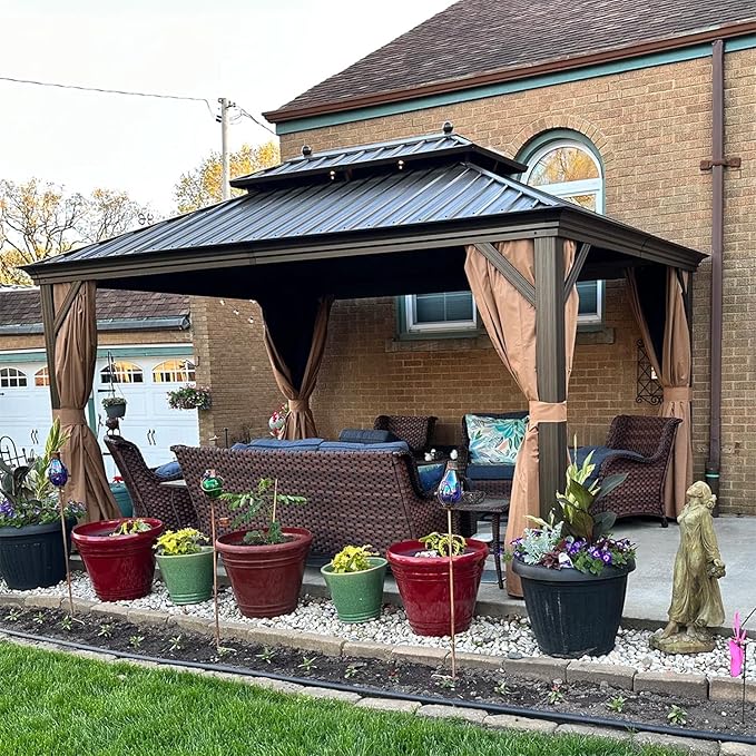 PURPLE LEAF Hardtop Gazebo 10' X 14' Metal Roof with Netting and Curtains Hard Top Backyard Patio Gazebos Permanent Canopy Deck Garden Hot Tub Outdoor Pavilion