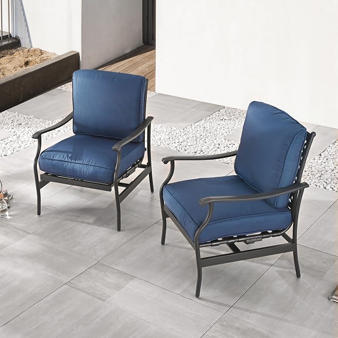 LOKATSE HOME C-Spring Patio Chairs Set of 2, Outdoor Metal Motion Conversation Chairs with Gentle Bounce, 5.1" Extra Thick Blue Cushions Deep Seating Furniture for Deck & Porch