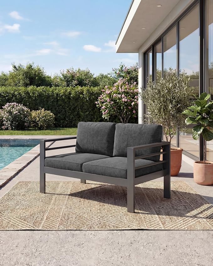 AECOJOY Aluminum Patio Furniture Loveseat, Modern Outdoor Furniture with Washable 5 inch Thick Cushion, Dark Gray