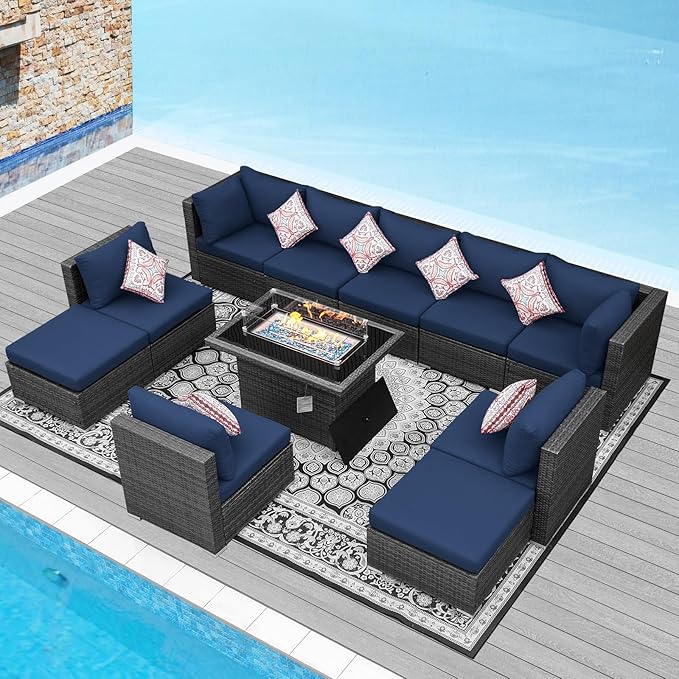 NICESOUL 11 Piece Outdoor Furniture Set with Firepit Table, Luxury 10-Person Patio Sectional Sets, 29.3'' High-Back Backyard Seating Area, All-Weather Rattan Couch Set for Outside, Deck, Grey&Blue
