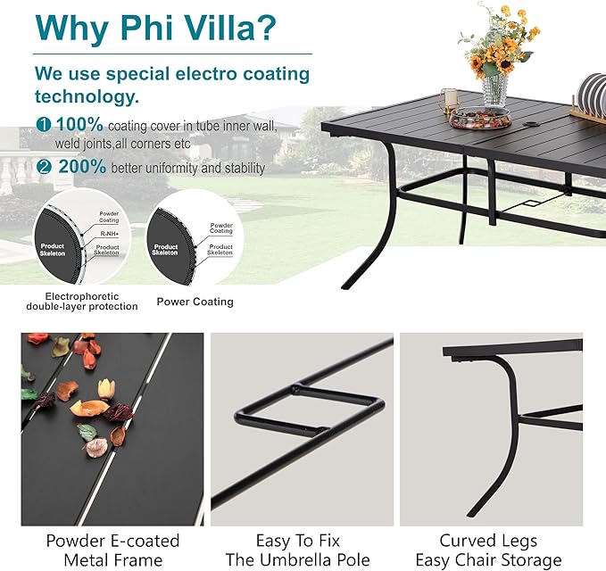 PHI VILLA Outdoor Patio Dining Set with Umbrella for 6, Folding Chairs | Light-weight & portable, Breathable & quick-drying textilene fabric, Weather-resiatant, 13Ft beige umbrella without base