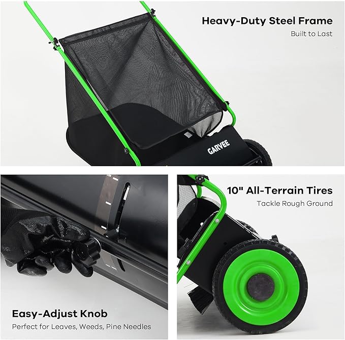 Garvee Push Lawn Sweeper, 26 in Leaf & Grass Collector with 7 Cu. ft. Hopper Bag, 4 Spinning PP Brushes, Durable Steel Construction, Adjustable Height & Rubber Tires for Leaves Grass Cleanup