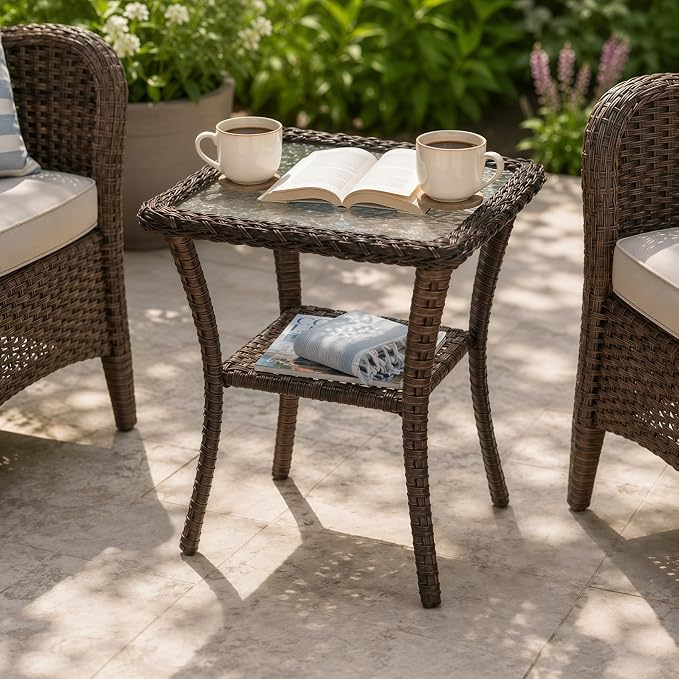 HUMMUH 20x20 Inch Wicker Patio Side Table with Glass Top, Espresso Brown | Powder-coated aluminum frame, PE rattan, lower storage shelf, 66 lb weight capacity, 20x20x22 inch dimensions
