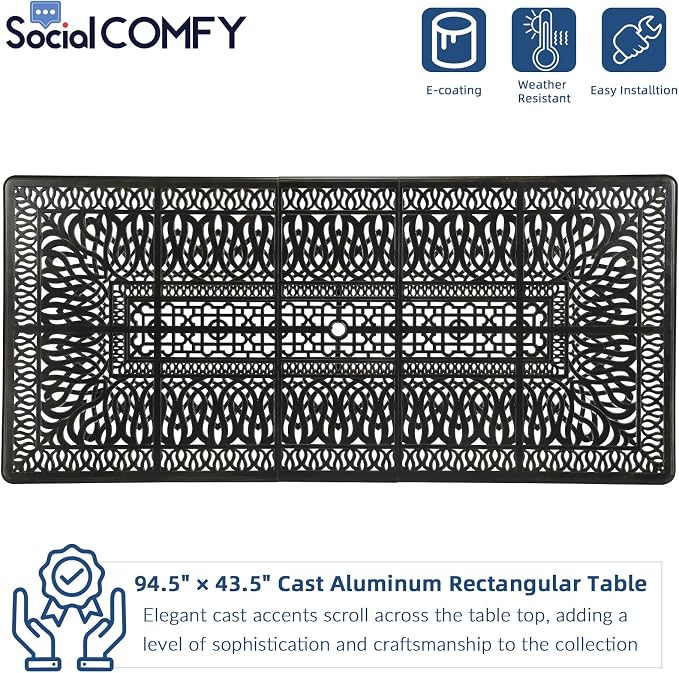 9-Piece Patio Cast Aluminum Dining Set, Outdoor Dining Furniture Set for 8 Person, Includes 94.5" Rectangular Dining Table and 8 Swivel Chairs with Umbrella Hole, Navy Blue