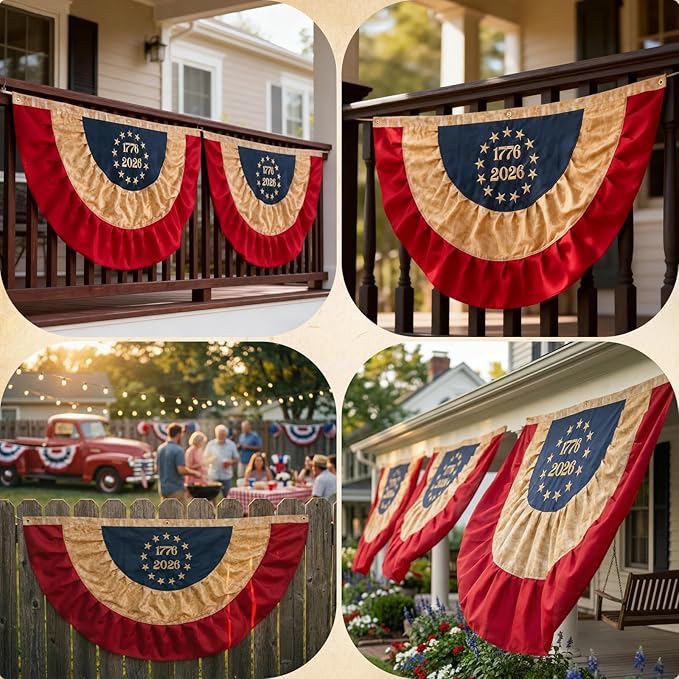 TOPFLAGS American Bunting Flag 3x6 Ft 1776-2026 Vintage tea stained bunting flag Pleated Fan Flags Outdoor Embroidered Stars and Heavy Duty 4th of July Memorial Day Banners 250 Anniversary USA Bunting