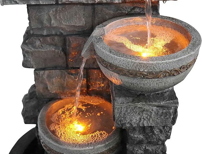 Cheng Pin 3 Tiers Water Fountain Outdoor - 28 Inch Tall Cascading Bowls and Stacked Stones Design, Create Relaxing Waterfall Flow Water Feature for Your Garden, Bird Good Rest Stop for Outside