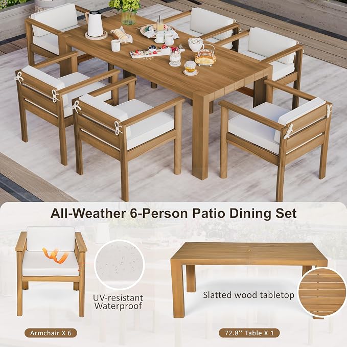 7-Piece Patio Dining Table Set for 6, Outdoor Furniture Sets with 72.8" Rectangle Table and Removable Cushions,for Backyard Garden Poolside (Light Teak+Beige#m)