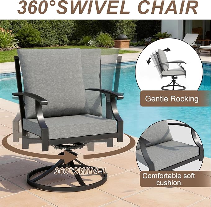 8 Pieces Patio Dining Set with Brown Umbrella,Outdoor Furniture Set Includes Hole Cut-Out Table and 4 Metal Backrest Chairs and 2 Swivel Chairs for Backyard,Garden,Poolside,Brown