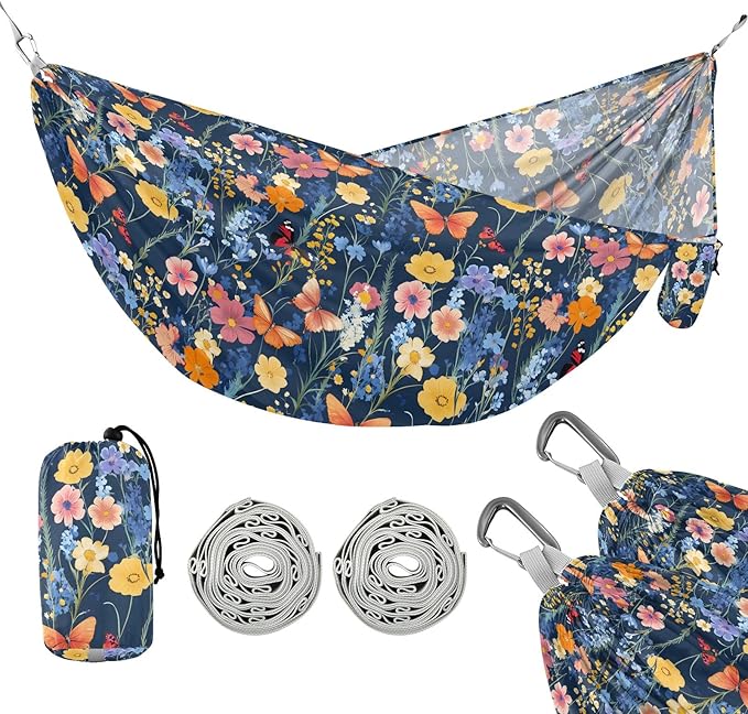 Camping Hammock Outdoor Hammocks for Outside Wildflowers Grasses Butterfly Beach Trees Portable Lightweight with Pockets Tree Straps Indoor