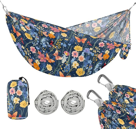 Camping Hammock Outdoor Hammocks for Outside Wildflowers Grasses Butterfly Beach Trees Portable Lightweight with Pockets Tree Straps Indoor
