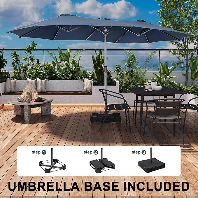 15 ft Patio Umbrella with Base, Large Rectangle Outdoor Umbrella with Matching Stand, Strap, Crank, Navy Blue
