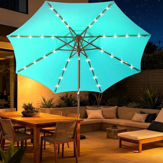 9FT Solar-Powered LED Patio Umbrella with Tilt Crank,Outdoor Market Umbrella with 32 Lights,Sunshade for Deck, Garden and Pool