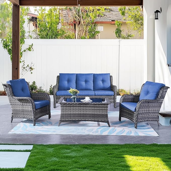 Belord Outdoor Wicker Furniture 5 Pieces Patio Furniture Set Patio Chairs with Ottomans and Side Table Conversation Set for Porch Garden Deck Balcony Poolside