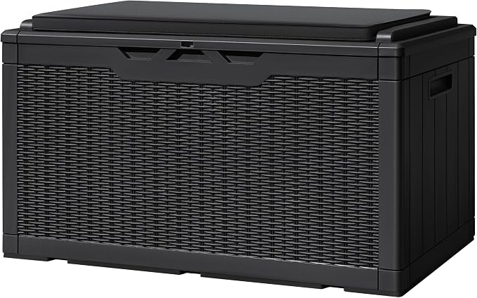 Greesum 100 Gallon Resin Deck Box Large Outdoor Storage with Cushions for Patio Furniture, Garden Tools, Pool Supplies, Weatherproof and UV Resistant, Lockable, Black