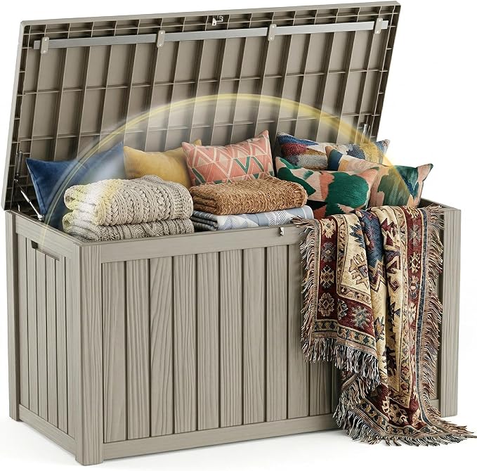 EFU Outdoor Storage Box 120 Gallon Deck Box (Indoor & Outdoor) Lockable UV Resistance Waterproof Resin Storage Bin Storage Box for Outdoor,Patio Storage With Support Rod(Taupe)