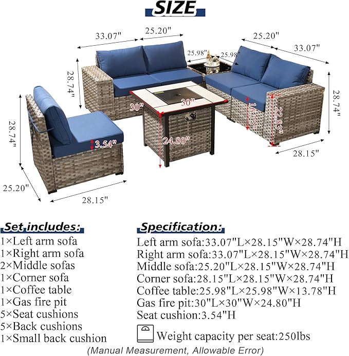 HOOOWOOO Outdoor Patio Sectional Furniture Sofa Set with Propane Gas Fire Pit Table,7 Piece Small Modern Wicker Couch with Widened Armrest,Modular Conversation Seating Set for Out Door(Navy Blue)