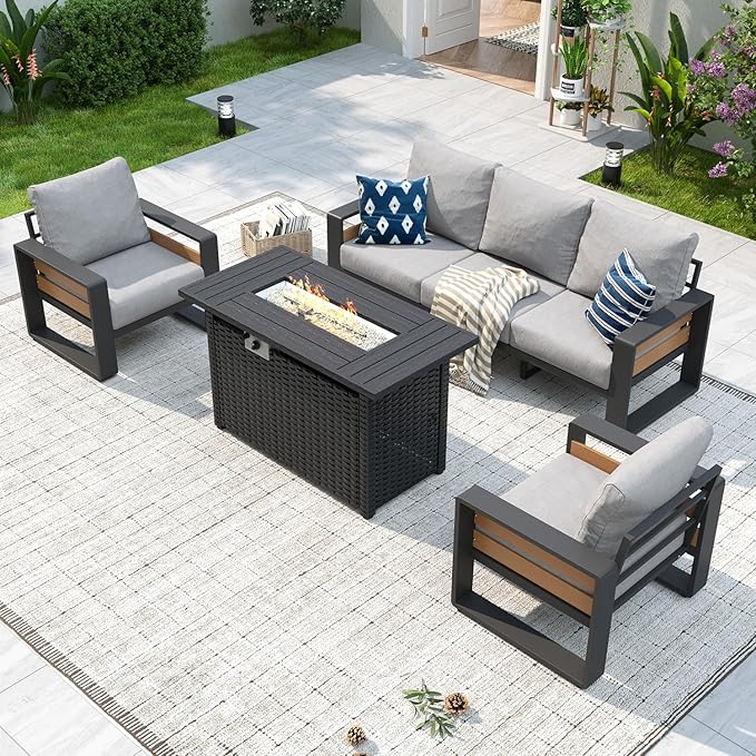 Aoxun Aluminum Patio Furniture Set with Fire Pit Table, 5 Seats Luxury Outdoor Sectional with 6" Olefin Fabric Cushions, Patio Conversation Sets with Outdoor Sofas for Backyard, Deck Light Grey
