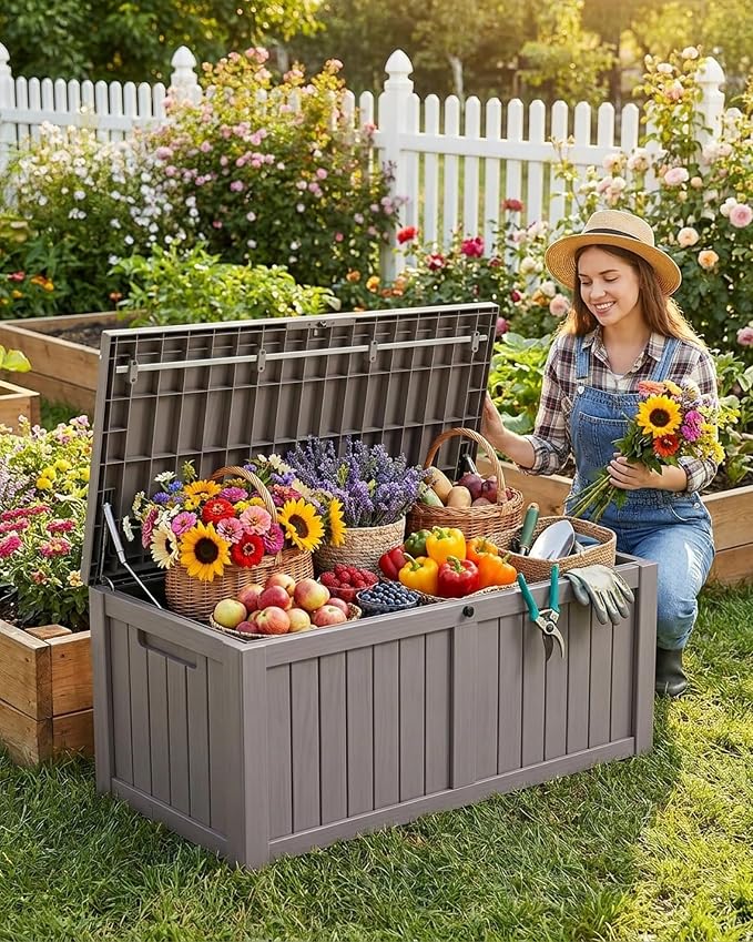MAKINO 155 Gallon Waterproof Outdoor Storage Box, Large Lockable Deck Box, Indoor Outdoor Resin Storage Bench with Hydraulic Rod for Patio/Cushions/Garden Tools/Backyard/Pool Accessories, Grey Brown