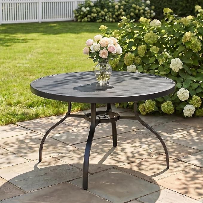 47” Round Outdoor Dining Table for 6,Metal Patio Dining Table with Adjustable Umbrella Hole,All-Weather Black Outdoor Patio Table for Porch, Garden, Backyard, Poolside, Lawn