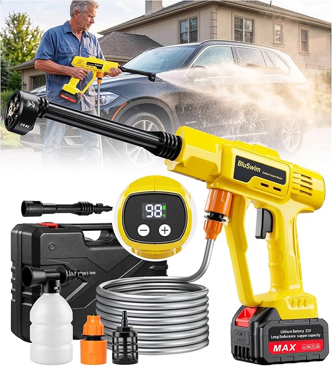 BluSwim Cordless Car Cleaning Tool with LCD Display, Portable Vehicle Cleaner with Brushless Motor, 3 Levels Adjustable Battery Powered Water Sprayer with 16.5FT Hose, 6-in-1 Nozzle for Patio - Yellow