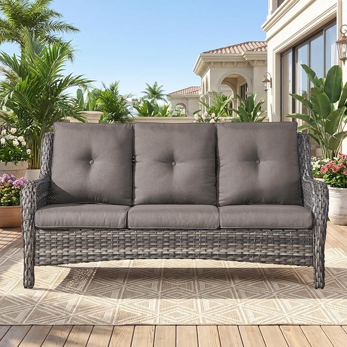 Belord Patio Sofa Luxury PE Wicker 3-Seater Outdoor Couch, Modern All-Weather High Back Deep Seat Woven Furniture Set for Porch, Deck, Balcony, Backyard - Grey/Grey