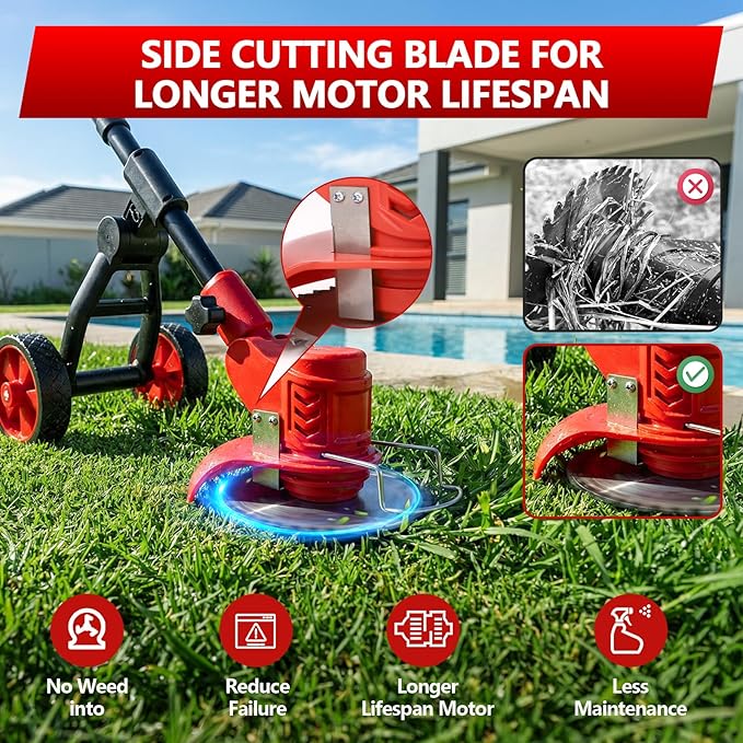Electric Weed Wacker Cordless, 4000mAh Weed Eater Battery Powered with Wheel, 4 in 1 Grass Trimmer/Heavy Duty Brush Cutter/Lawn Edger/Weed Trimmer, No String Trimmer with Blade, 2 Battery Garden Tool