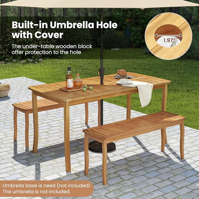 RELAX4LIFE 63’’ Wooden Outdoor Dining Table - Acacia Wood Rectangular Patio Table for 4-6 People w/Umbrella Hole & Slatted Tabletop, Farmhouse Furniture for Pool Backyard Garden Porch (Curved Leg)