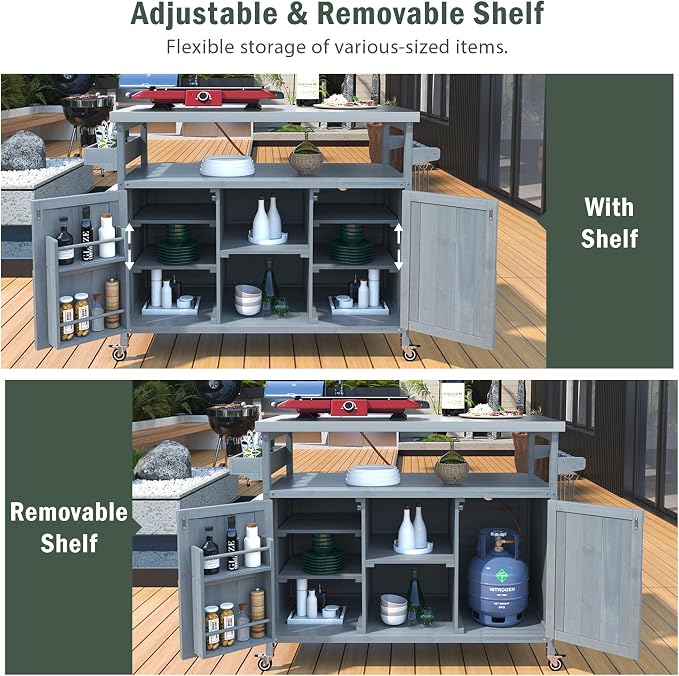 Large Outdoor Rolling Patio Bar Table Cart, Outdoor Kitchen Island Cart Grill Table, Farmhouse Solid Wood Outdoor Serving Cart Prep Table with Stainless Steel Top for Grill/Kitchen, Grey Blue