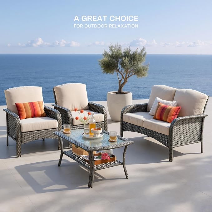 4-Piece Patio Furniture Set, Outdoor Wicker Furniture with Coffee Table, All Weather High Back Loveseat Patio Chairs, Modern Rattan Outdoor Chairs Conversation Set for Porch, Balcony, Garden,Beige