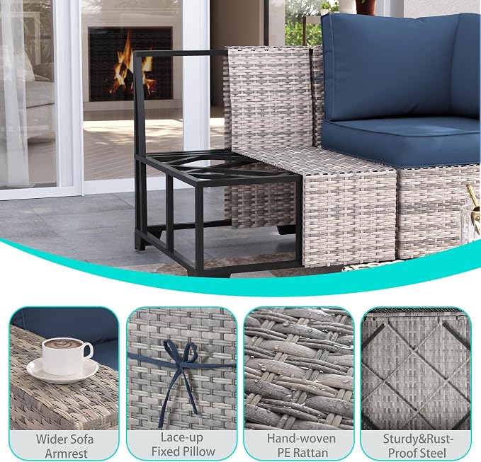 13-Piece Outdoor Patio Furniture Set with Rocking Swivel Chair, PE Wicker Rattan Sectional Sofa Patio Conversation Set with 55,000 BTU Fire Pit Table & Chunky Arms, Navy Blue
