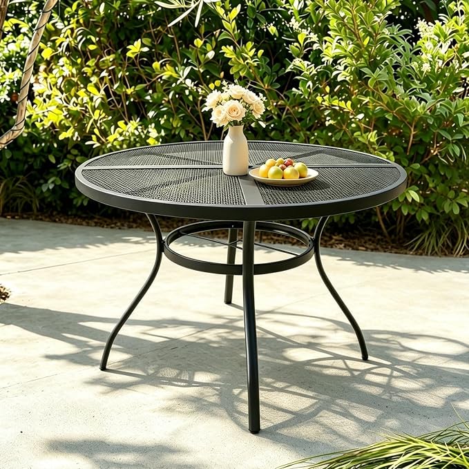 Round Patio Dining Table for 6, 47 Inch, Black Electroplated Steel, with Umbrella Hole, for Backyard, Porch, Deck