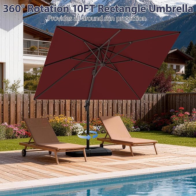 10' X 10' Patio Umbrella Cantilever Outdoor Rectangle Umbrella with Base Included, Heavy Duty 360°Rotation Offset Umbrella for Garden Deck Pool Patio, Red