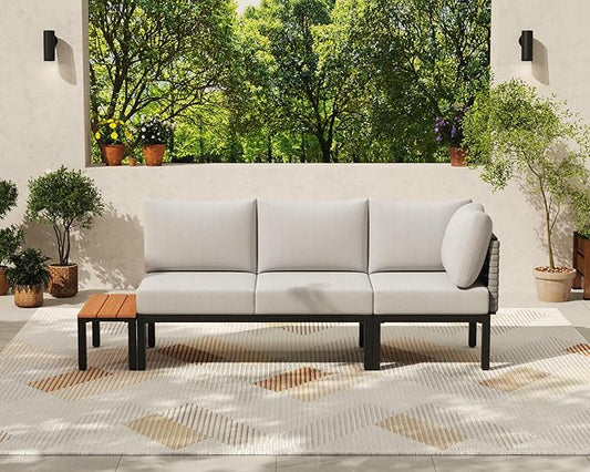 PIZZELLO 4 Piece Patio Conversation Set, Outdoor Sectional Furniture with Loveseat, Single Chair, and Coffee Table, for Porch, Deck, 6" Washable Cushions, Beige