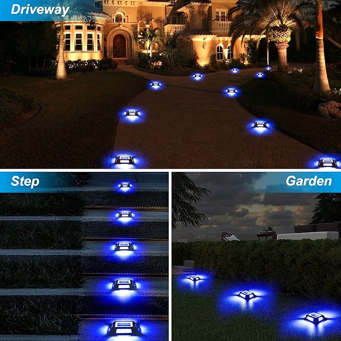 Solar Deck Lights Driveway Dock Lights- 8 Packs Waterproof 1200mAh Solar Powered Outdoor LED Aluminum Dock Lighting Road Markers Step Light for Driveway Sidewalk Garden Pathway Yard (Blue)