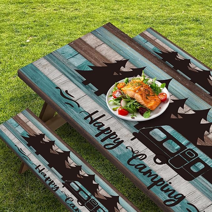 Picnic Table Cover with Bench Covers Elastic Edges, Teal Camper Fitted Table Cover, Outdoor Patio Camping Essentials 72 Inch 3PCS, Waterproof Camping Fitted Tablecloth with Drawstring Bag