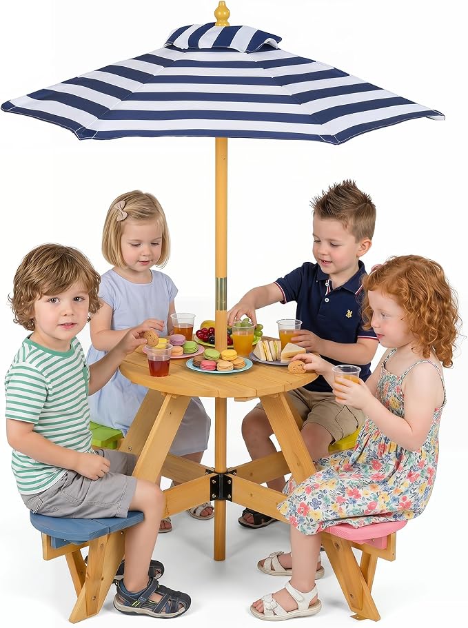 HONEY JOY Kids Picnic Table, 4-Person Fir Wood Toddler Round Outdoor Table & Chair Set, Adjustable Umbrella, Wooden Children Outdoor Furniture for Patio Backyard Lawn Garden, Natural