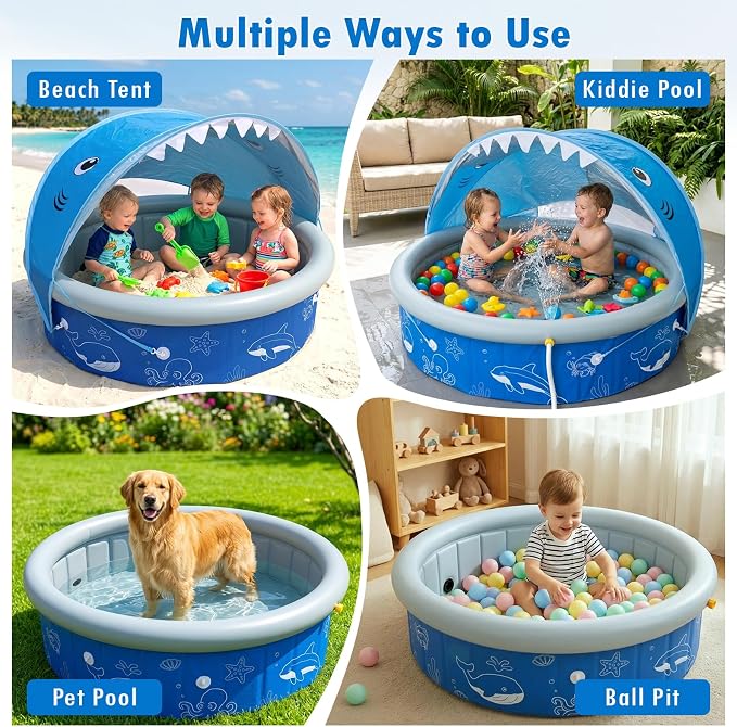 Upgraded Kiddie Baby Pool with Canopy & Sprinkler, 47in Foldable Toddler Pool with Shade, Kids Hard Plastic Swimming Wading Pool, Portable Water Play for Backyard Beach Outdoor