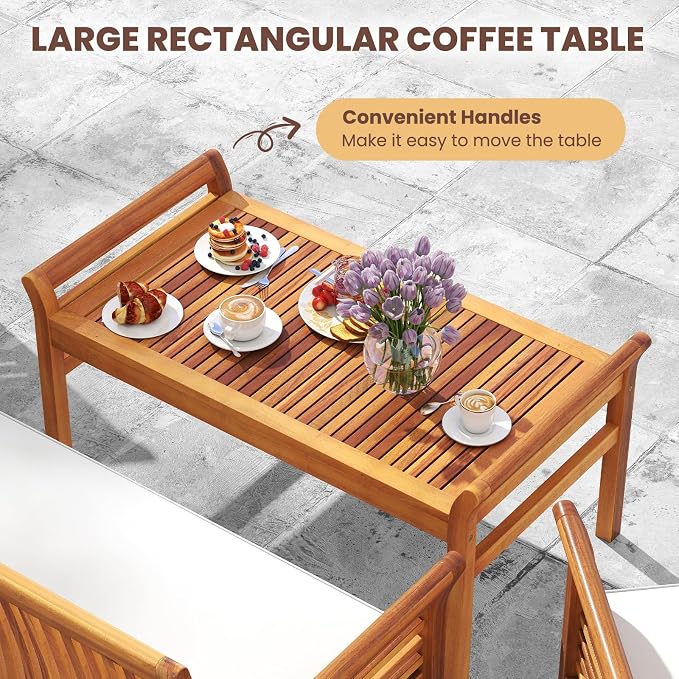 4 Piece Patio Furniture Set, Acacia Wood Sofa Set with Rectangular Coffee Table & Soft Seat Cushions, Outdoor Conversation Set for Garden, Backyard & Poolside