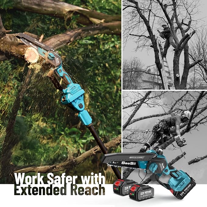 SEESII 2-in-1 Electric Pole Saws: Electric Mini Chainsaw 6 Inch Cordless, 2 x 4000mAh Batteries Tree Pruner, Brushless Chain Saw with Extension Pole for Limb Branch Cutter,16Ft Reach