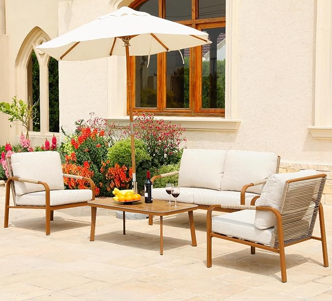 Aluminum Patio Furniture Set Outdoor Sectional Sofa with Cushions and Coffee Table, All-Weather Metal Frame, Ideal for Backyard, Garden, Balcony Beige