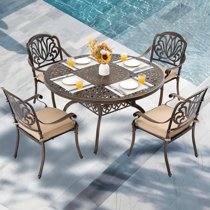 5-Piece Cast Aluminum Outdoor Table and Chairs, Classic Vintage Patio Dining Set for 4 Include 54.5" Round Dining Table and 4 Chairs with Removable Cushion and Umbrella Hole