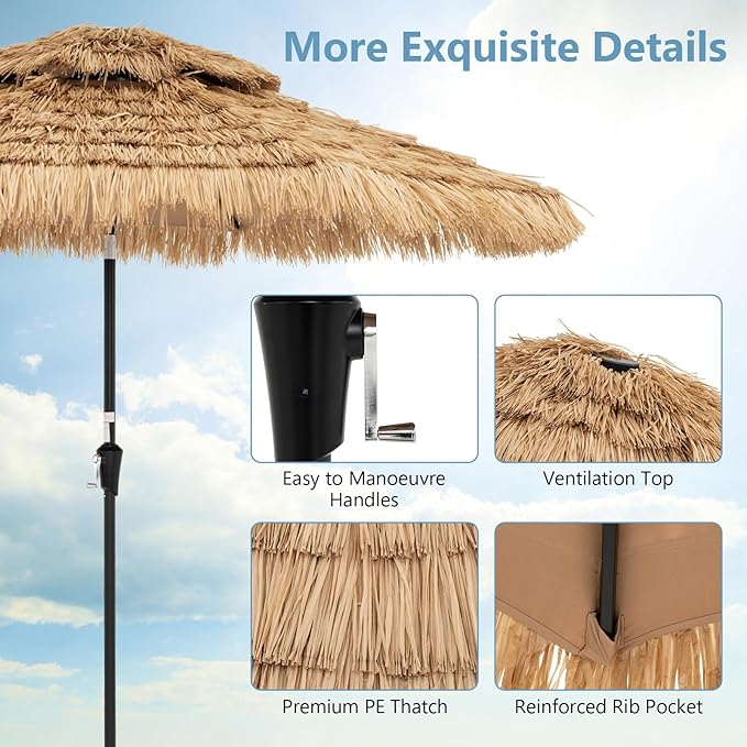 HAPPYGRILL 8.8 FT Hawaiian Style Umbrella with Lights, Outdoor Thatched Patio Tiki Umbrella with 8 Ribs, Manual Crank, 35° Tilt, for Beach, Backyard, Poolside