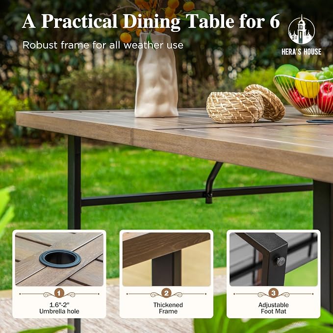 HERA'S HOUSE 7pc Outdoor Patio Dining Set, Wood-Look Metal Table, Red | 6 textilene chairs, 64" rectangular table with umbrella hole. Waterproof, rust-resistant, all-weather for yard, porch