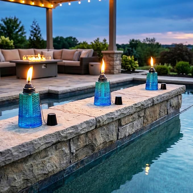Seraphic Citronella Table Top Torches for Outdoor Patio, 16oz Decorative Glass Torch Citronella Candles for Outside Deck, Garden, Parties, Set of 3, Tropical Blue