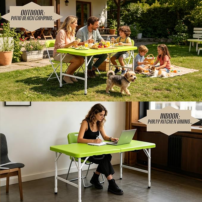 Portable Plastic Folding Table 4ft/6ft/8ft Heavy Duty White Black Picnic Dining Table Fold-in-Half for Camp Party Kitchen Indoor Outdoor