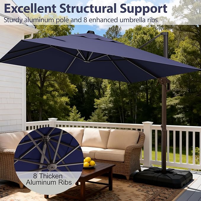 9' X 12' Cantilever Patio Umbrella Rectangle Outdoor Umbrella with Base Included, 6-Level Tilt & 360° Rotation Offset Umbrella for Garden, Deck, Pool (Navy Blue)
