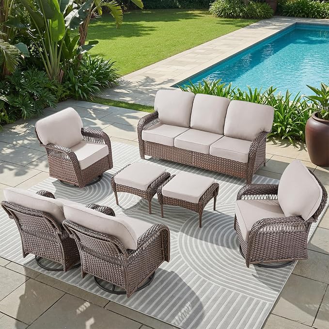 Belord Luxury Patio Furniture Set with 5-inch Thick Cushion, Outdoor High Back Swivel Rocker Patio Chairs, 7PCS Wicker Conversation Set for Deck Yard and Poolside,Beige