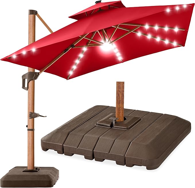 Best Choice Products 10ft Square Cantilever Patio Umbrella w/Base Included, Woodgrain Pattern Pole & Solar LED Lights, 360-Rotation, Offset Hanging Outdoor Shade