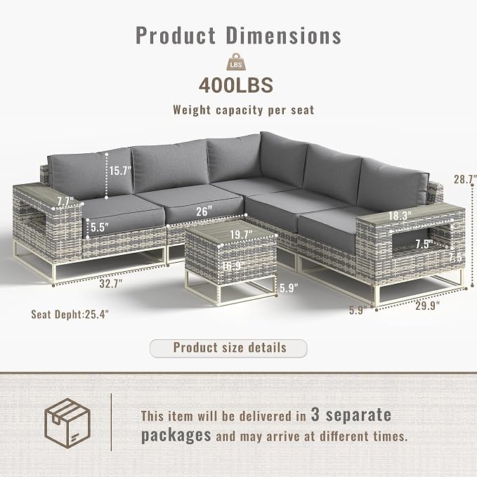 6-Piece Outdoor Patio Furniture Set, Modern PE Wicker Outdoor Sectional Sofa with Storage Armrests & 5.5" Thick Cushions, L-Shaped Couch for Deck, Porch, Backyard, Charcoal Gray