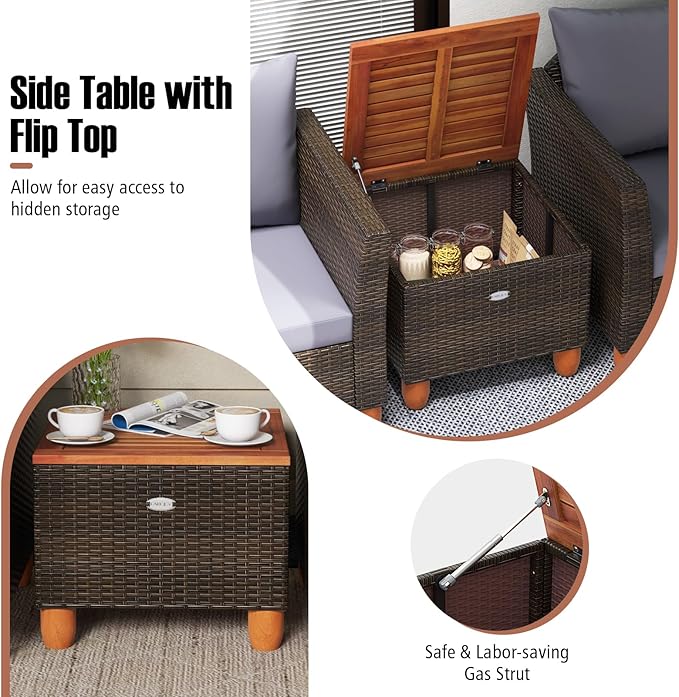 Tangkula 3-Piece Patio Furniture Set, Patiojoy Outdoor PE Wicker Bistro Set with Soft Cushions and Solid Acacia Wood, Outdoor Conversation Set with Porch, Balcony and Garden (Gray)